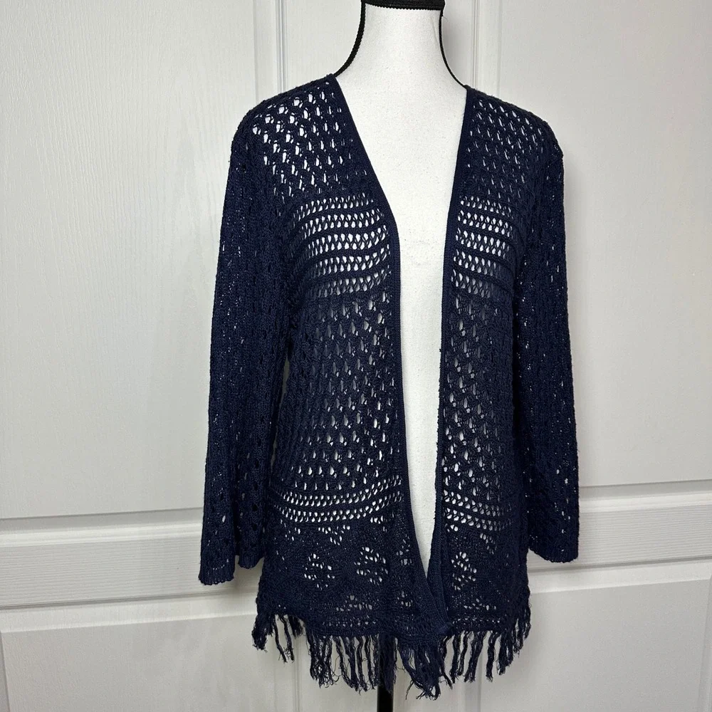 Faded Glory Blue Crochet Knit‎ Fringe Cardigan Size 1X 16W Boho Coastal Festival